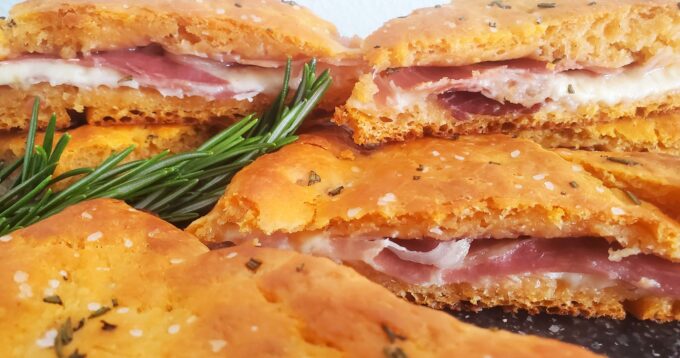 Tomato Focaccia with Prosciutto and Provolone Cheese